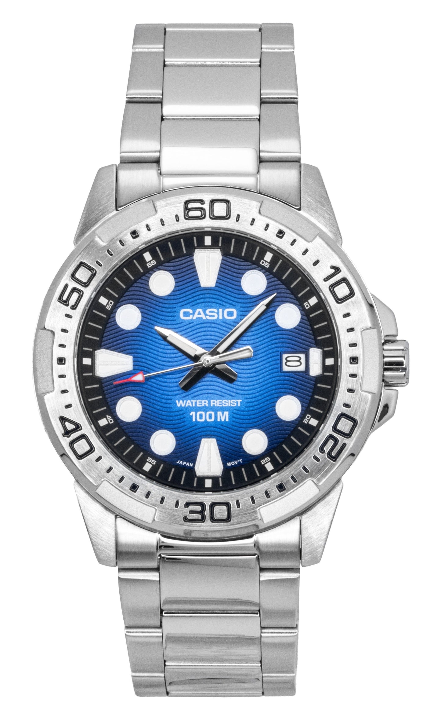 Casio Standard Analog Stainless Steel Blue Dial Quartz 100M. A brand-new Casio Standard watch featuring a Blue dial and a Stainless steel strap. Front view.