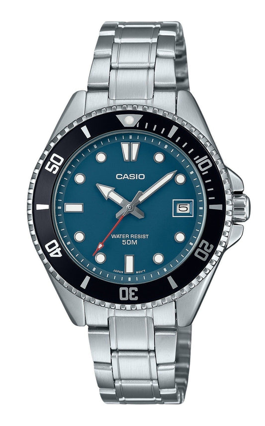 Casio Standard Analog Stainless Steel Blue Dial Quartz. A brand-new Casio Standard watch featuring a Blue dial and a Stainless steel strap. Front view.