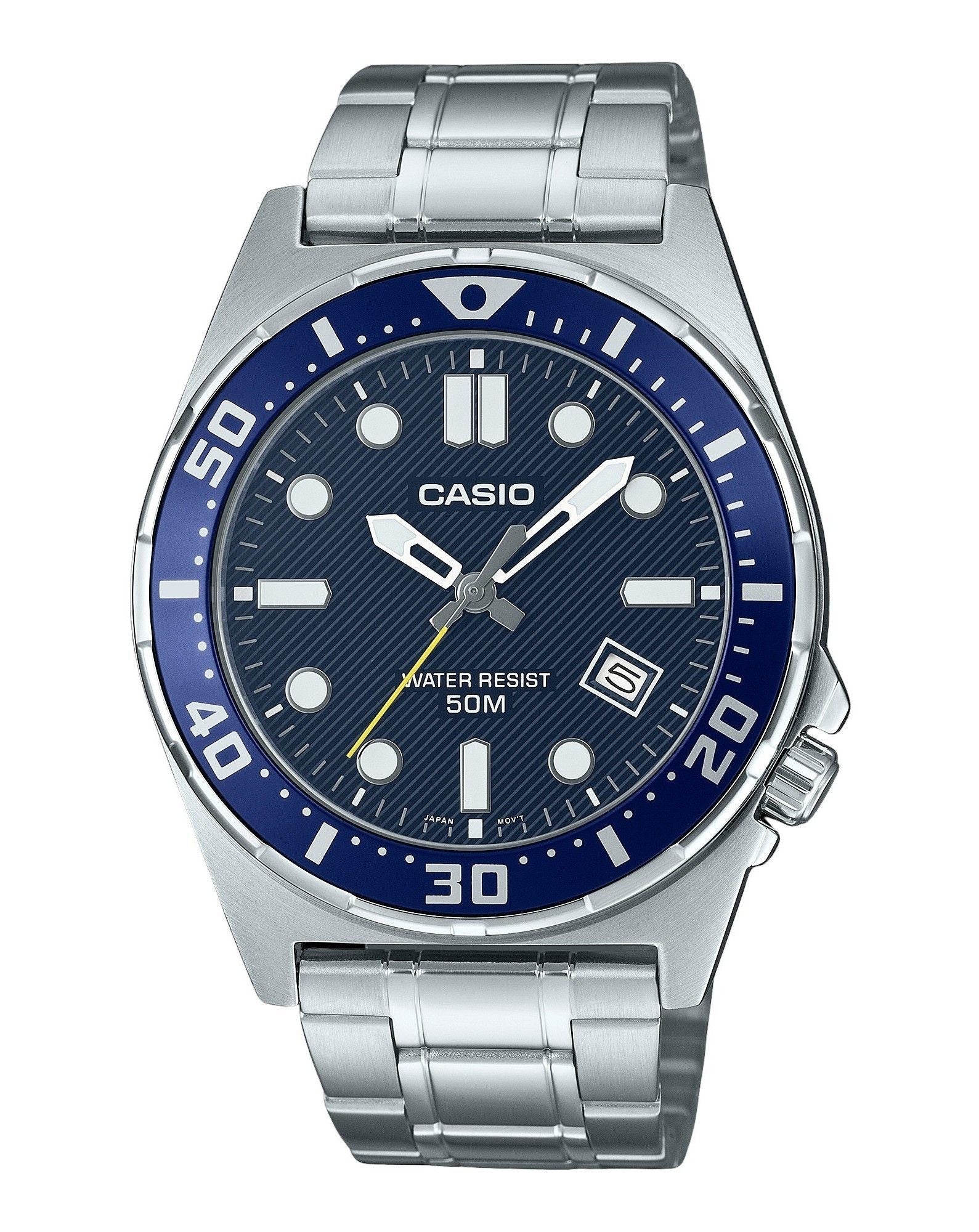 Casio Standard Analog Stainless Steel Blue Dial Quartz. A brand-new Casio Standard watch featuring a Blue dial and a Stainless steel strap. Angled view.