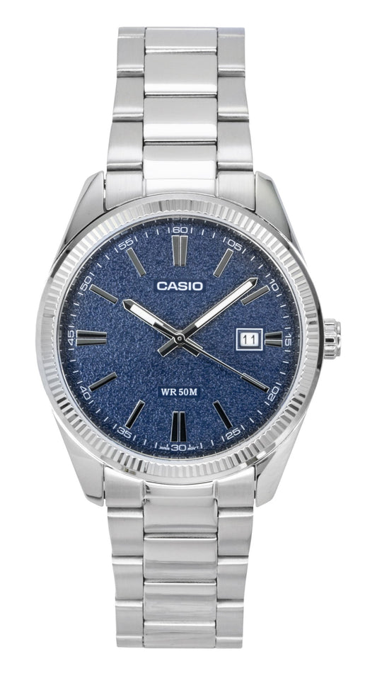 Casio Standard Analog Stainless Steel Blue Dial Quartz. A brand-new Casio Standard watch featuring a Blue dial and a Stainless steel strap. Front view.
