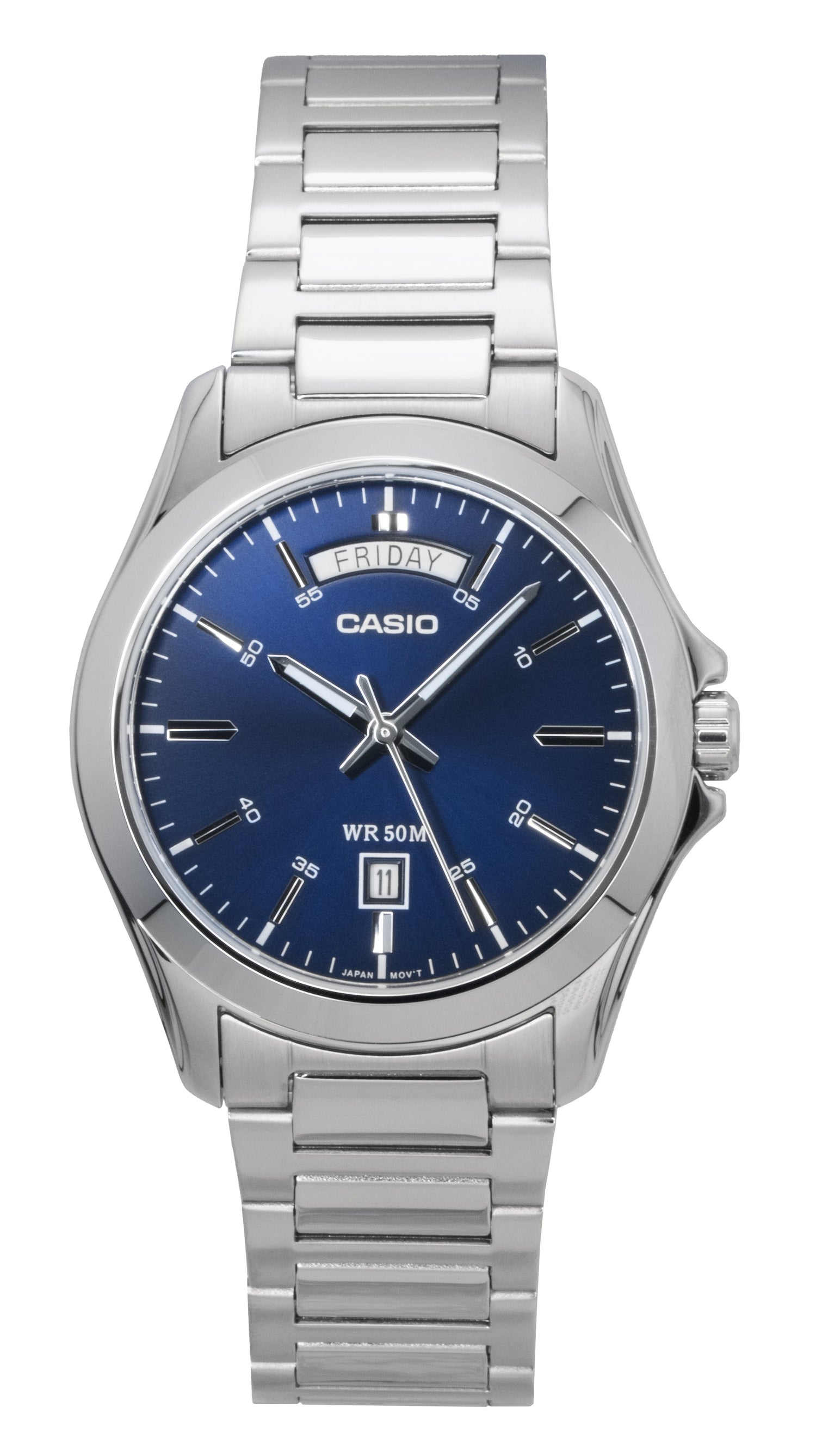 Casio Standard Analog Stainless Steel Blue Dial Quartz. A brand-new Casio Standard watch featuring a Blue dial and a Stainless steel strap. Angled view.
