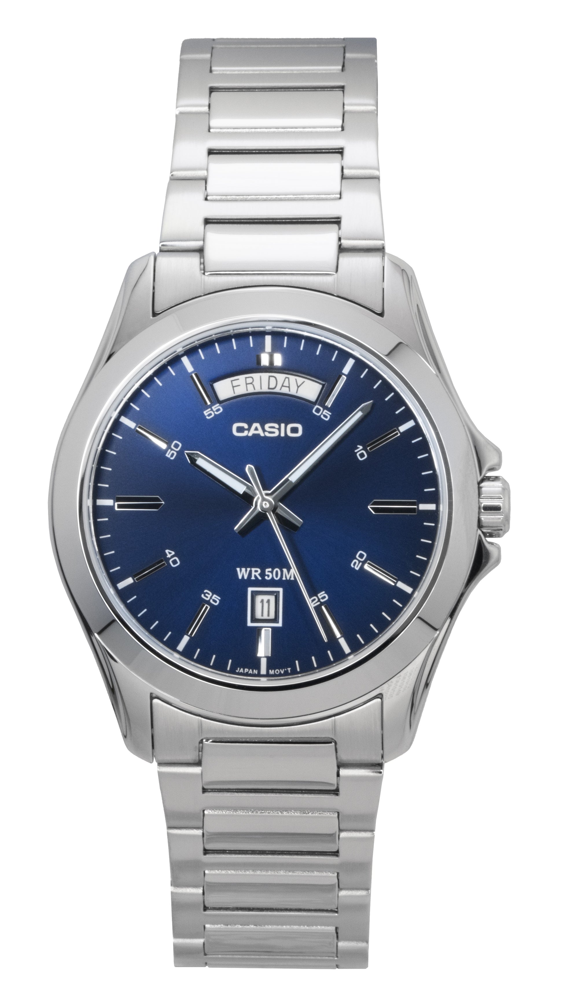 Casio Standard Analog Stainless Steel Blue Dial Quartz. A brand-new Casio Standard watch featuring a Blue dial and a Stainless steel strap. Angled view.
