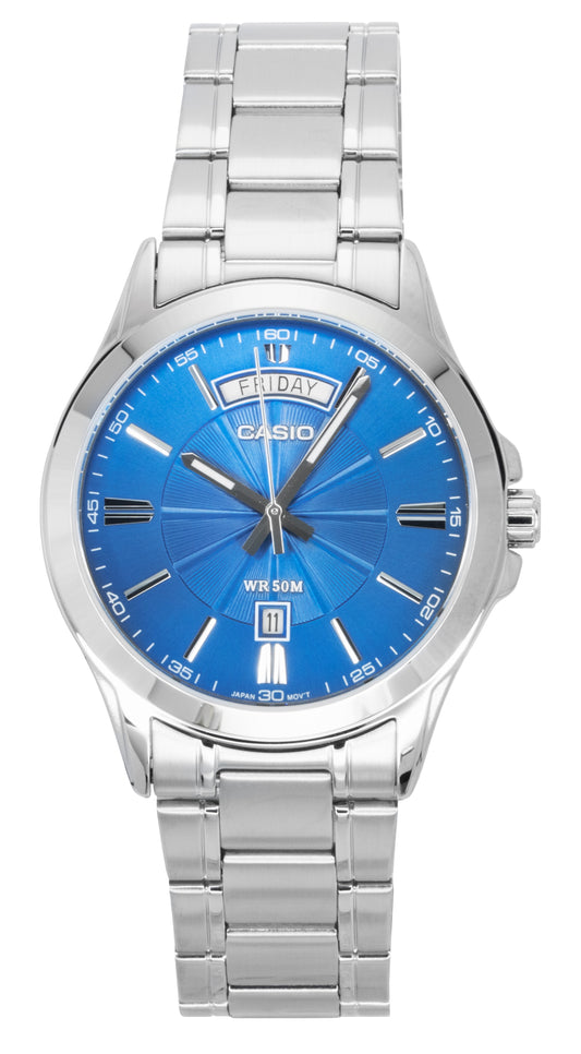 Casio Standard Analog Stainless Steel Blue Dial Quartz. A brand-new Casio Standard watch featuring a Blue dial and a Stainless steel strap. Front view.