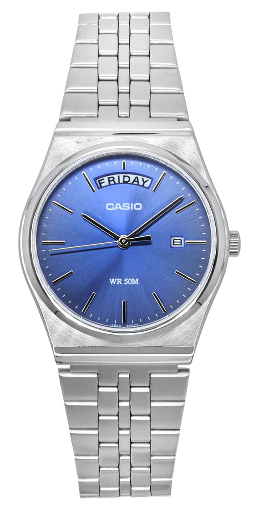 Casio Standard Analog Stainless Steel Blue Dial Quartz. A brand-new Casio Standard watch featuring a Blue dial and a Stainless steel strap. Side view.