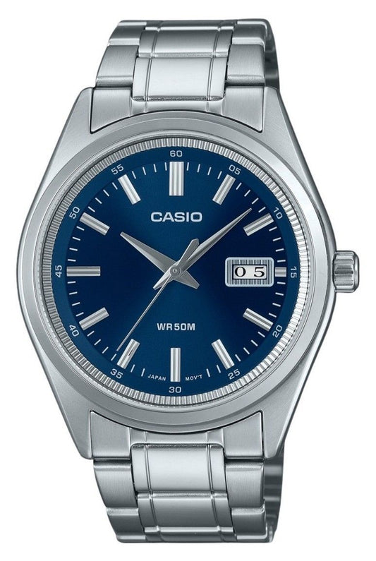 Casio Standard Analog Stainless Steel Blue Dial Quartz. A brand-new Casio Standard watch featuring a Blue dial and a Stainless steel strap. Front view.
