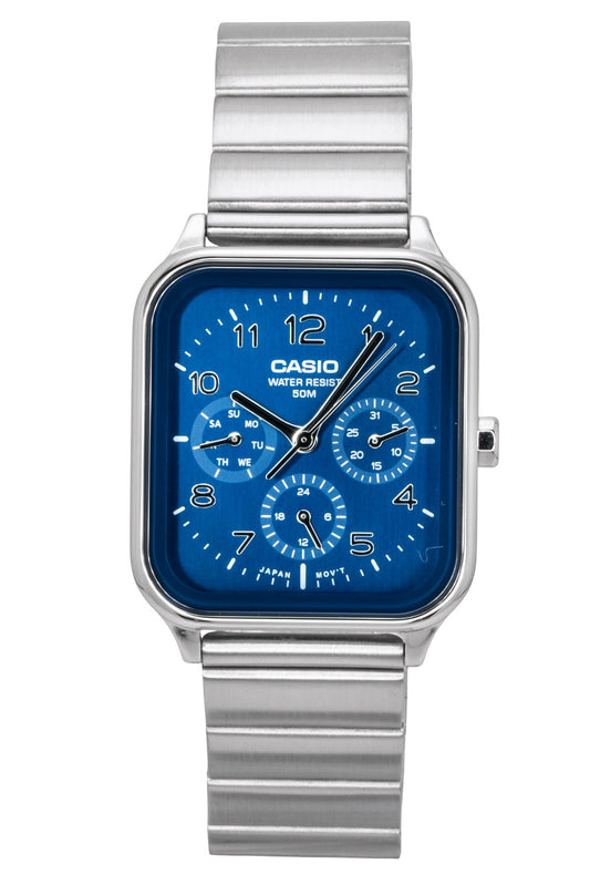Casio Standard Analog Stainless Steel Blue Dial Quartz. A brand-new Casio Standard watch featuring a Blue dial and a Stainless steel strap. Side view.