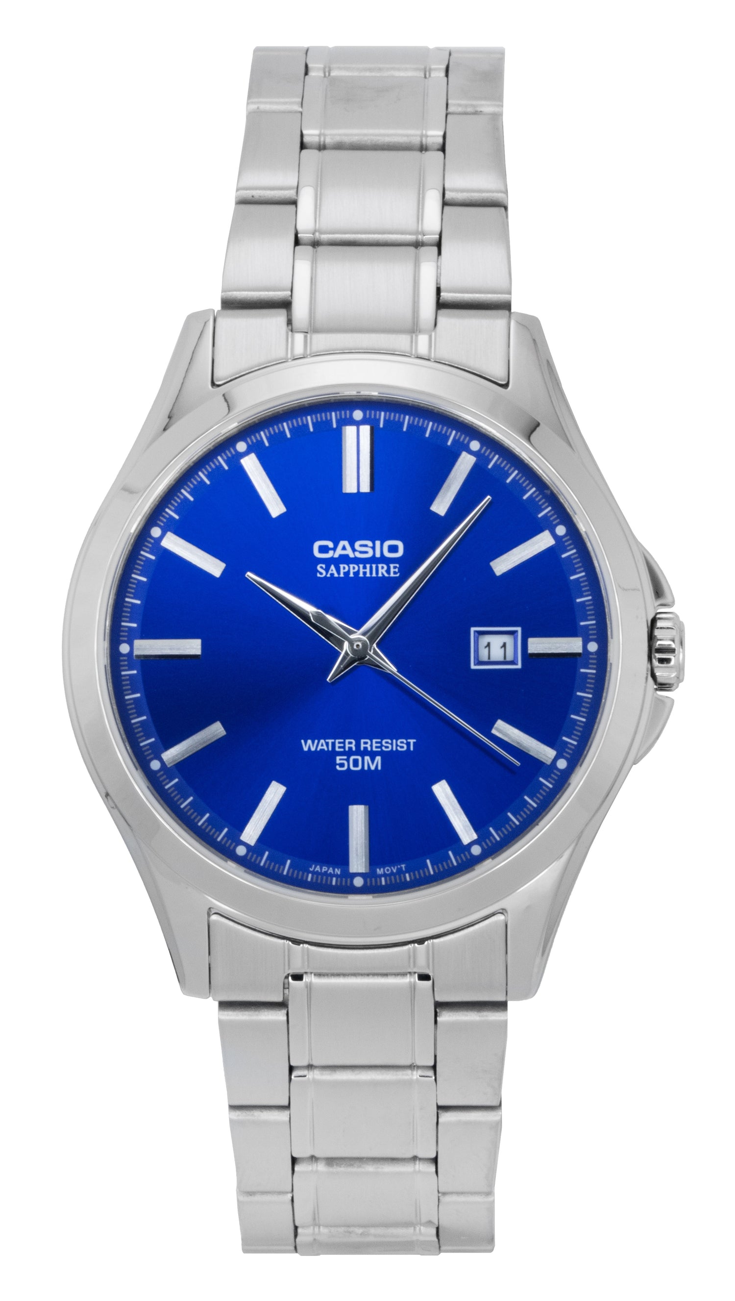Casio Standard Analog Stainless Steel Blue Dial Quartz. A brand-new Casio Standard watch featuring a Blue dial and a Stainless steel strap. Side view.