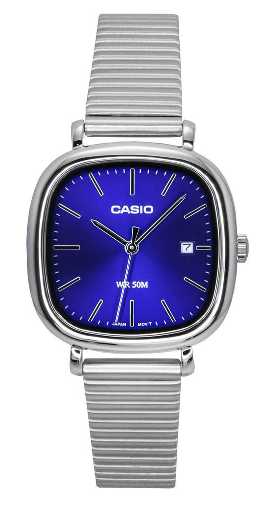 Casio Standard Analog Stainless Steel Blue Dial Quartz Wo. A brand-new Casio Standard watch featuring a Blue dial and a Stainless steel strap. Angled view.