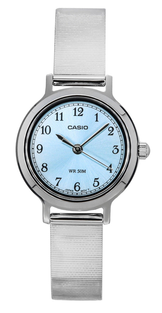 Casio Standard Analog Stainless Steel Blue Dial Quartz Wo. A brand-new Casio Standard watch featuring a Blue dial and a Stainless steel strap. Side view.