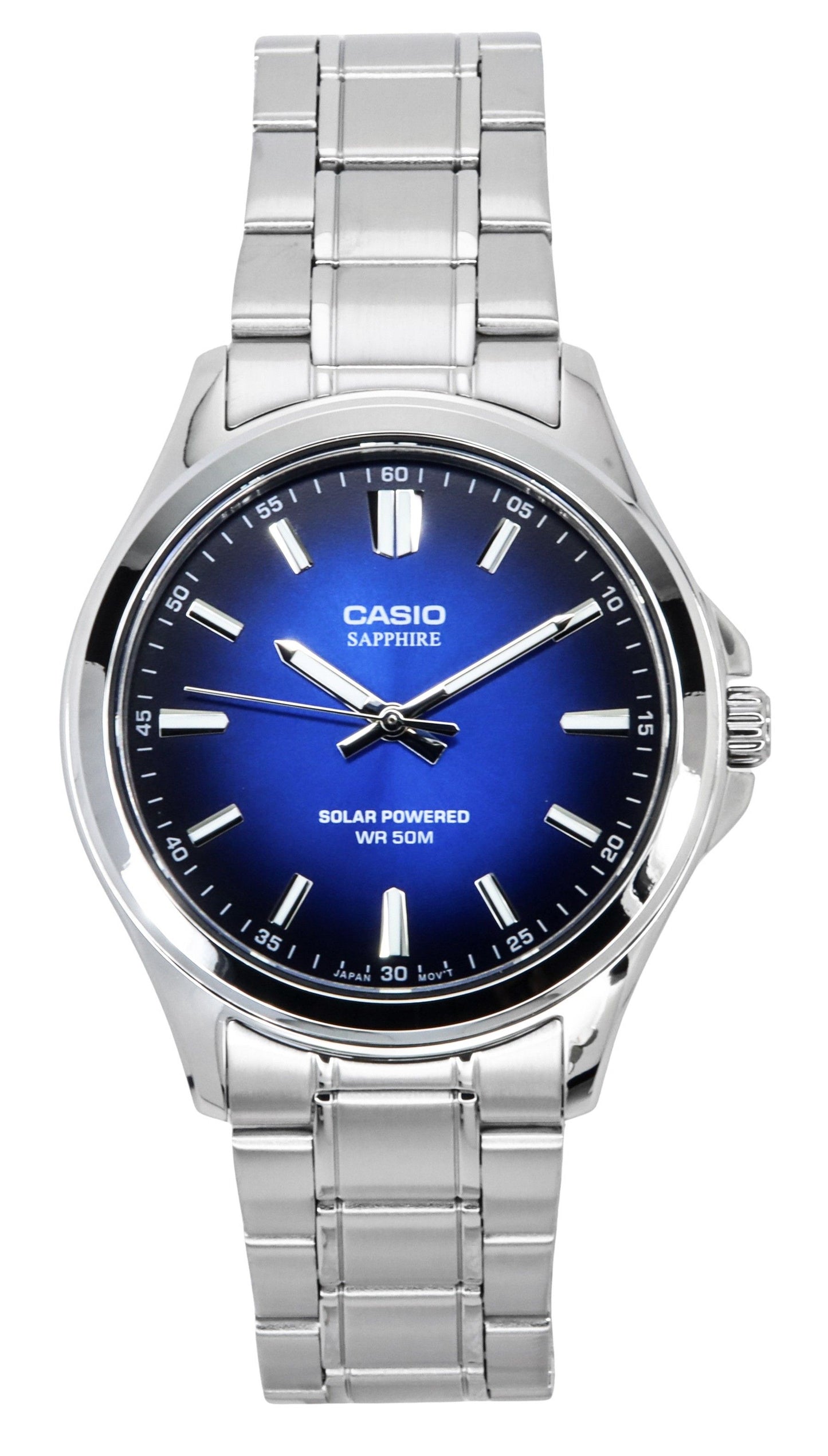 Casio Standard Analog Stainless Steel Blue Dial Solar. A brand-new Casio Standard watch featuring a Blue dial and a Stainless steel strap. Front view.