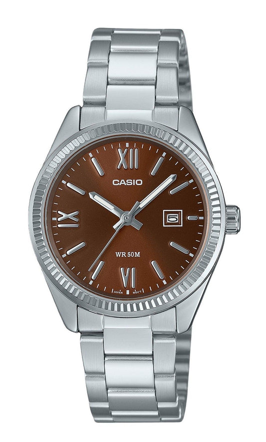 Casio Standard Analog Stainless Steel Brown Dial Quartz Wo. A brand-new Casio Standard watch featuring a Stainless steel strap. Side view.