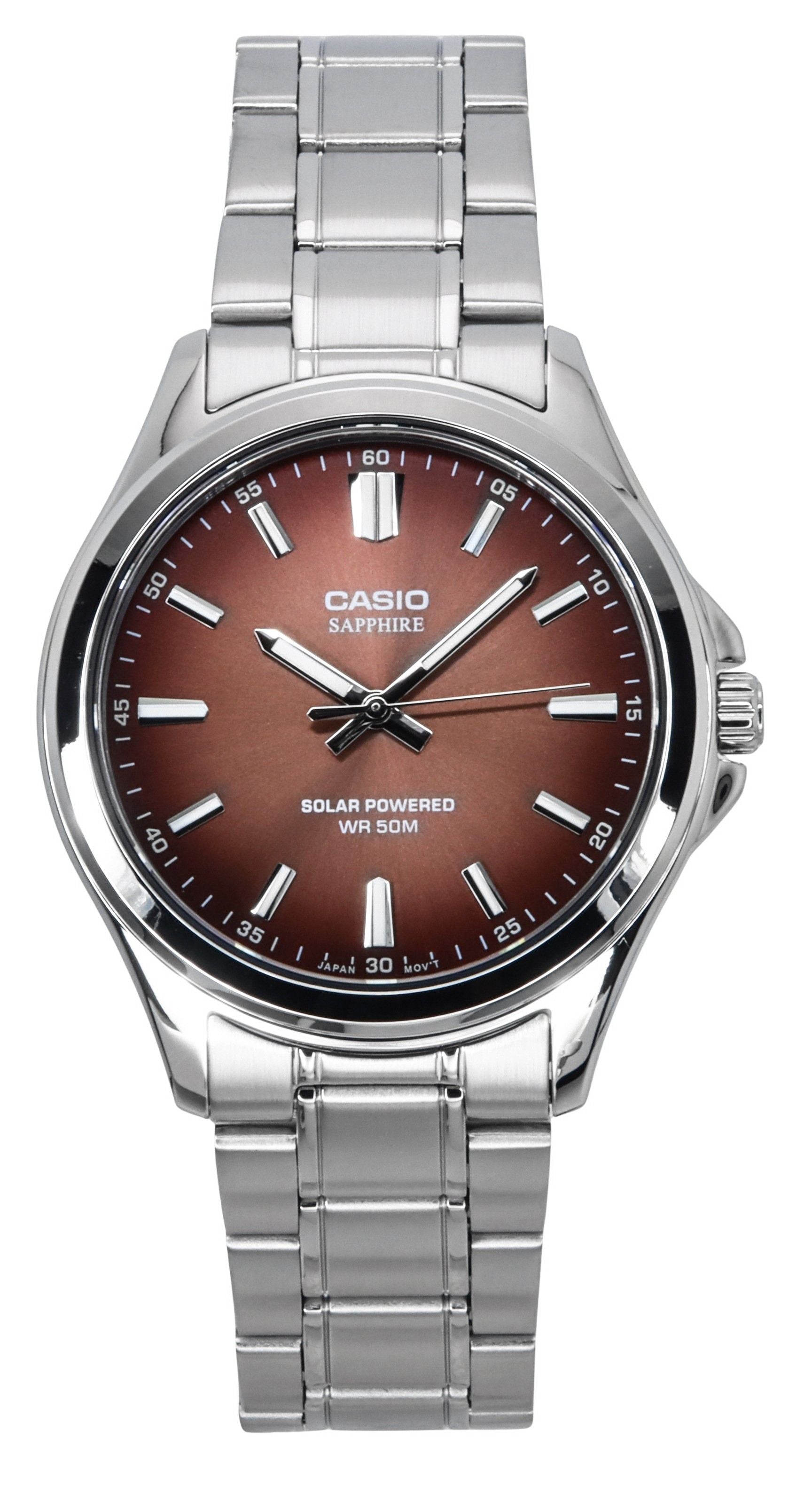 Casio Standard Analog Stainless Steel Brown Dial Solar. A brand-new Casio Standard watch featuring a Stainless steel strap. Angled view.