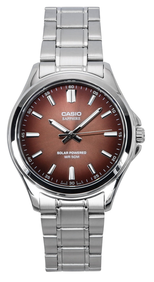 Casio Standard Analog Stainless Steel Brown Dial Solar. A brand-new Casio Standard watch featuring a Stainless steel strap. Angled view.