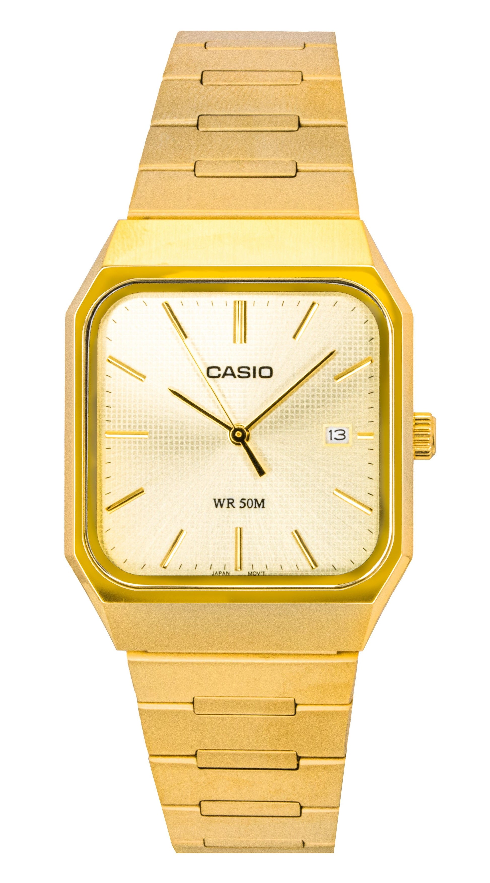 Casio Standard Analog Stainless Steel Gold Dial Quartz. A brand-new Casio Standard watch featuring a Gold dial and a Stainless steel strap. Side view.