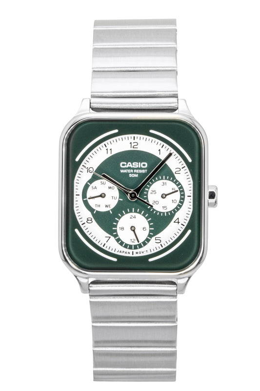 Casio Standard Analog Stainless Steel Green And White Dial. A brand-new Casio Standard watch featuring a White dial and a Stainless steel strap. Side view.