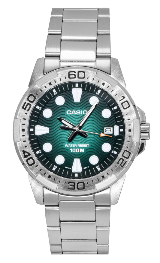 Casio Standard Analog Stainless Steel Green Dial Quartz 100M. A brand-new Casio Standard watch featuring a Green dial and a Stainless steel strap. Front view.