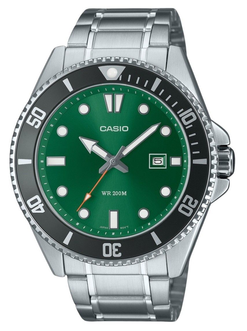 Casio Standard Analog Stainless Steel Green Dial Quartz 200M. A brand-new Casio Standard watch featuring a Green dial and a Stainless steel strap. Front view.