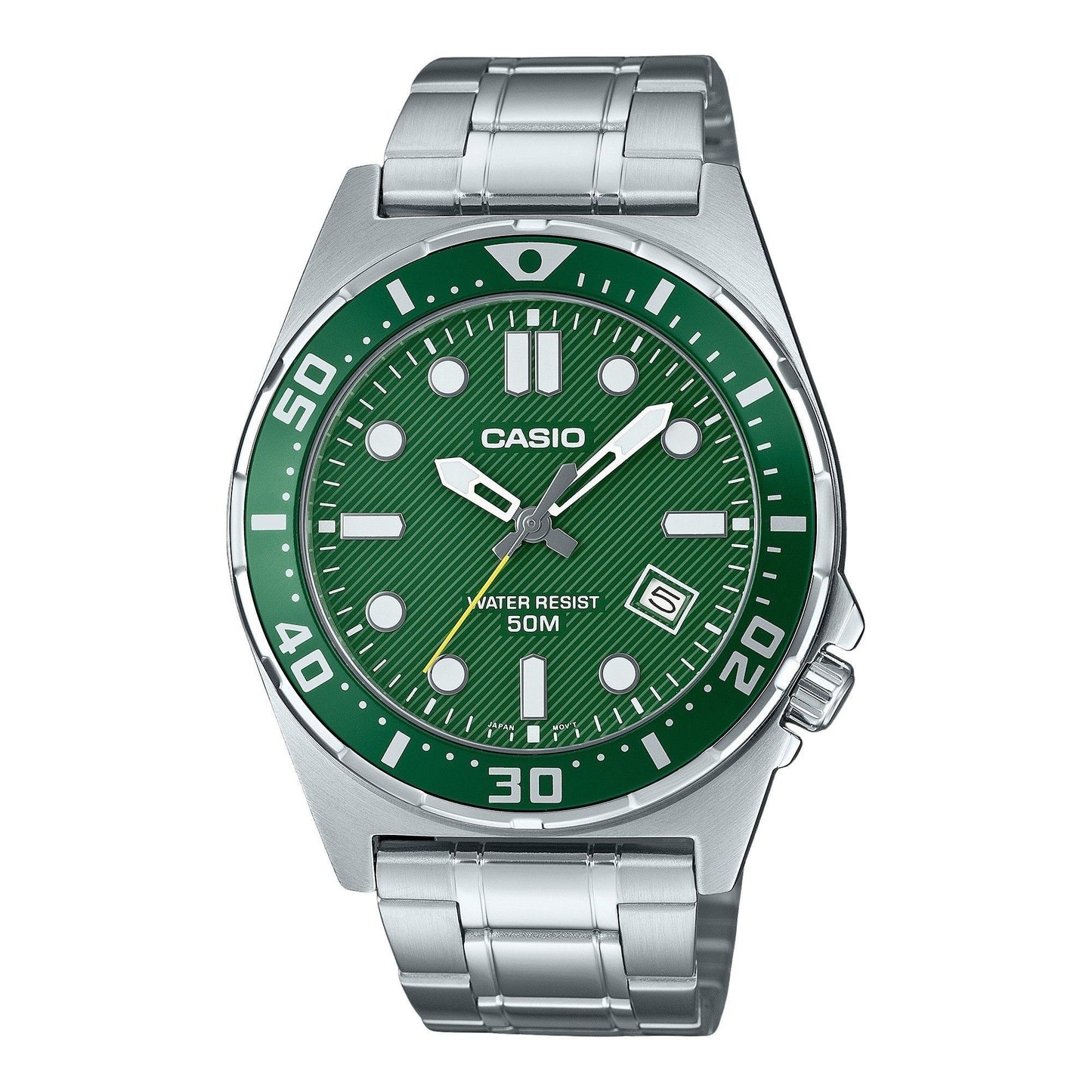 Casio Standard Analog Stainless Steel Green Dial Quartz. A brand-new Casio Standard watch featuring a Green dial and a Stainless steel strap. Side view.