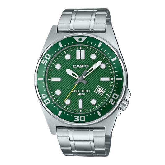 Casio Standard Analog Stainless Steel Green Dial Quartz. A brand-new Casio Standard watch featuring a Green dial and a Stainless steel strap. Side view.