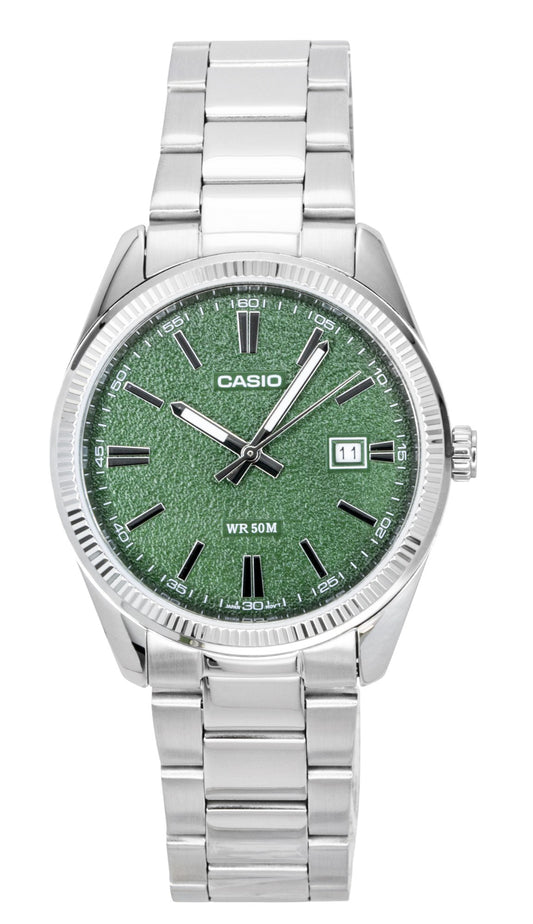 Casio Standard Analog Stainless Steel Green Dial Quartz. A brand-new Casio Standard watch featuring a Green dial and a Stainless steel strap. Side view.