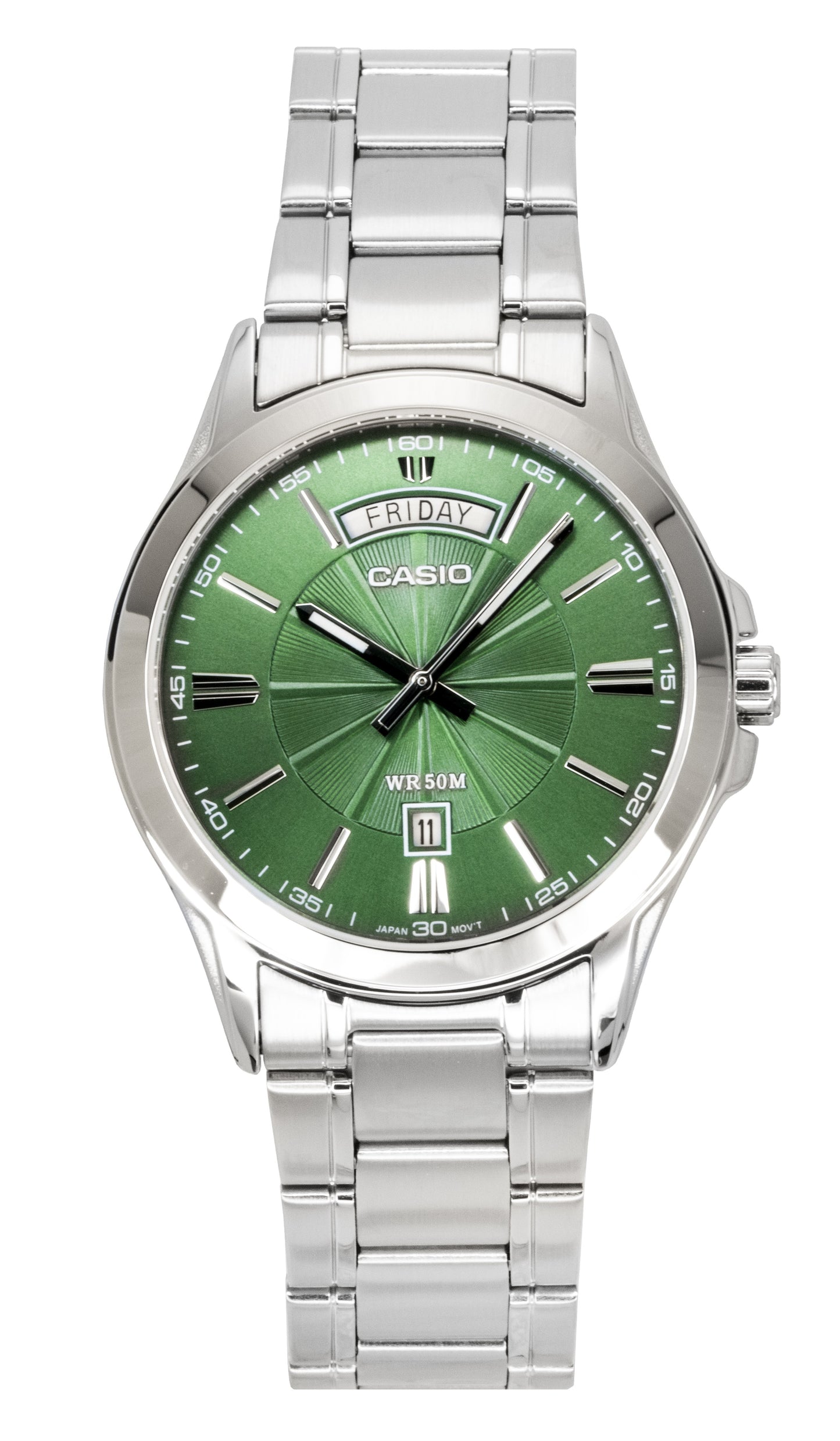 Casio Standard Analog Stainless Steel Green Dial Quartz. A brand-new Casio Standard watch featuring a Green dial and a Stainless steel strap. Side view.