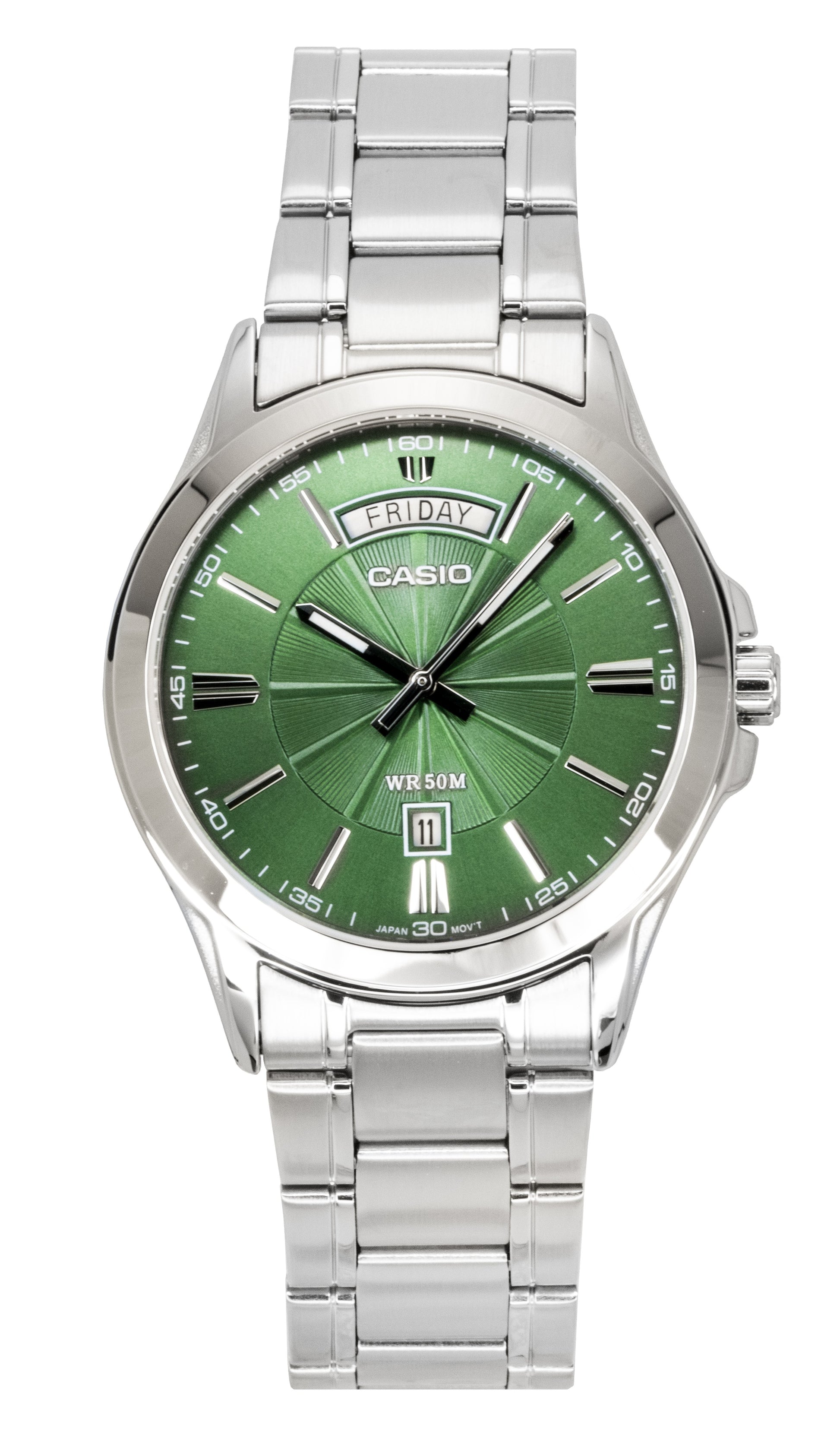 Casio Standard Analog Stainless Steel Green Dial Quartz. A brand-new Casio Standard watch featuring a Green dial and a Stainless steel strap. Side view.