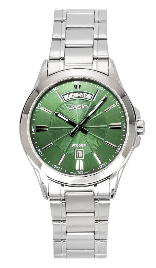 Casio Standard Analog Stainless Steel Green Dial Quartz. A brand-new Casio Standard watch featuring a Green dial and a Stainless steel strap. Side view.