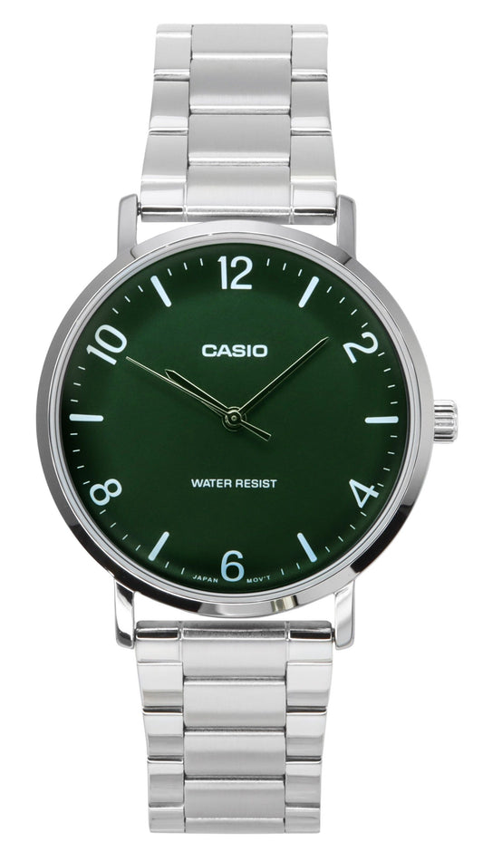 Casio Standard Analog Stainless Steel Green Dial Quartz. A brand-new Casio Standard watch featuring a Green dial and a Stainless steel strap. Side view.