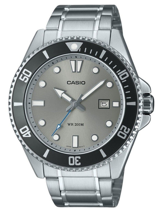 Casio Standard Analog Stainless Steel Grey Dial Quartz 200M. A brand-new Casio Standard watch featuring a Grey dial and a Stainless steel strap. Side view.