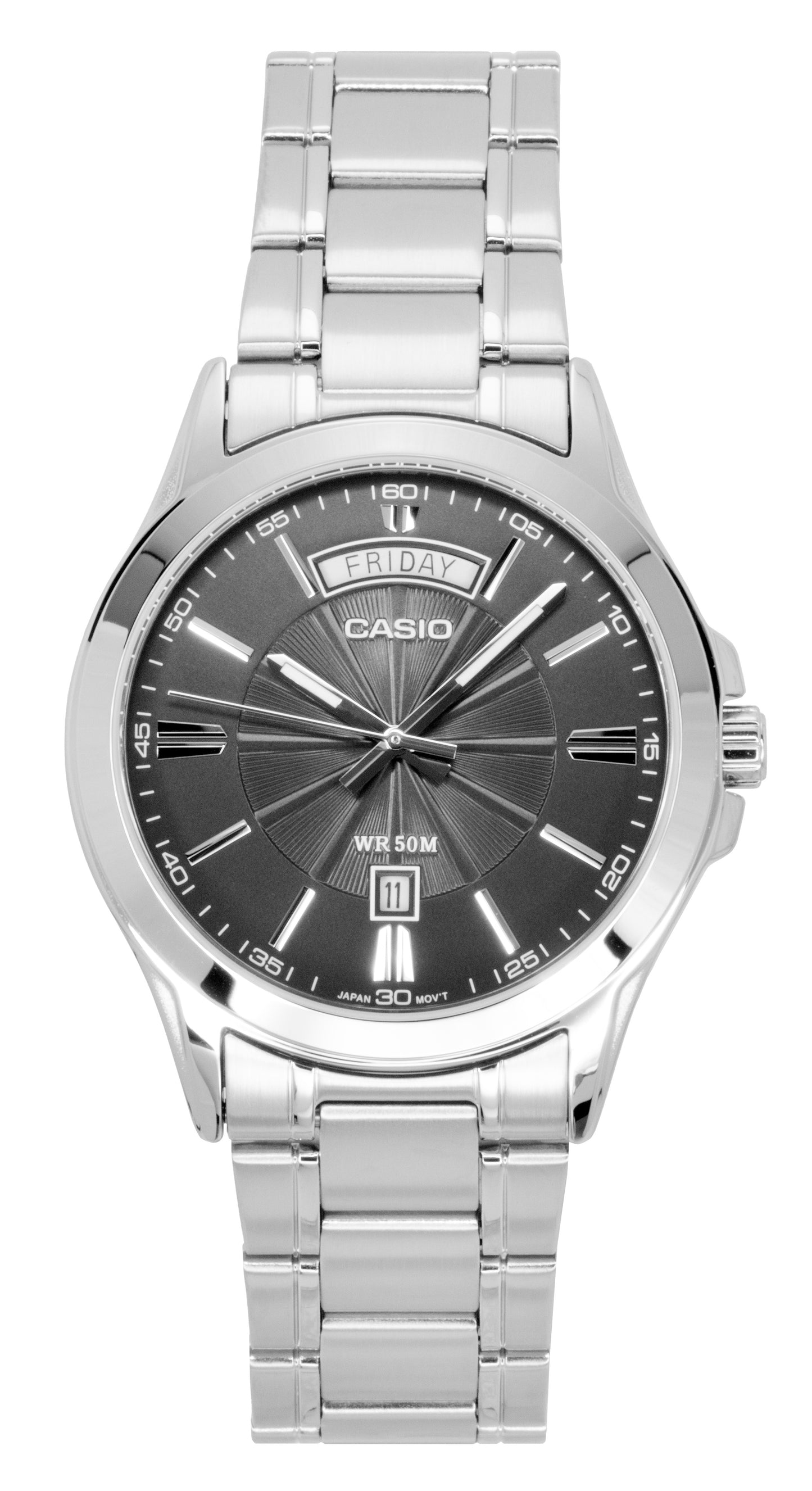 Casio Standard Analog Stainless Steel Grey Dial Quartz. A brand-new Casio Standard watch featuring a Grey dial and a Stainless steel strap. Front view.