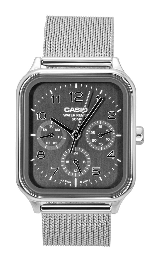 Casio Standard Analog Stainless Steel Grey Dial Quartz. A brand-new Casio Standard watch featuring a Grey dial and a Stainless steel strap. Angled view.