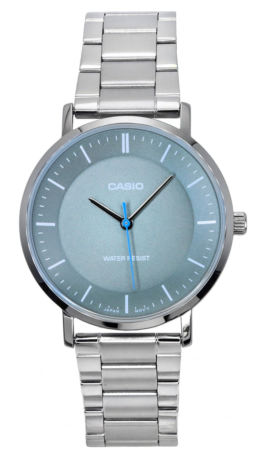 Casio Standard Analog Stainless Steel Grey Dial Quartz. A brand-new Casio Standard watch featuring a Grey dial and a Stainless steel strap. Angled view.