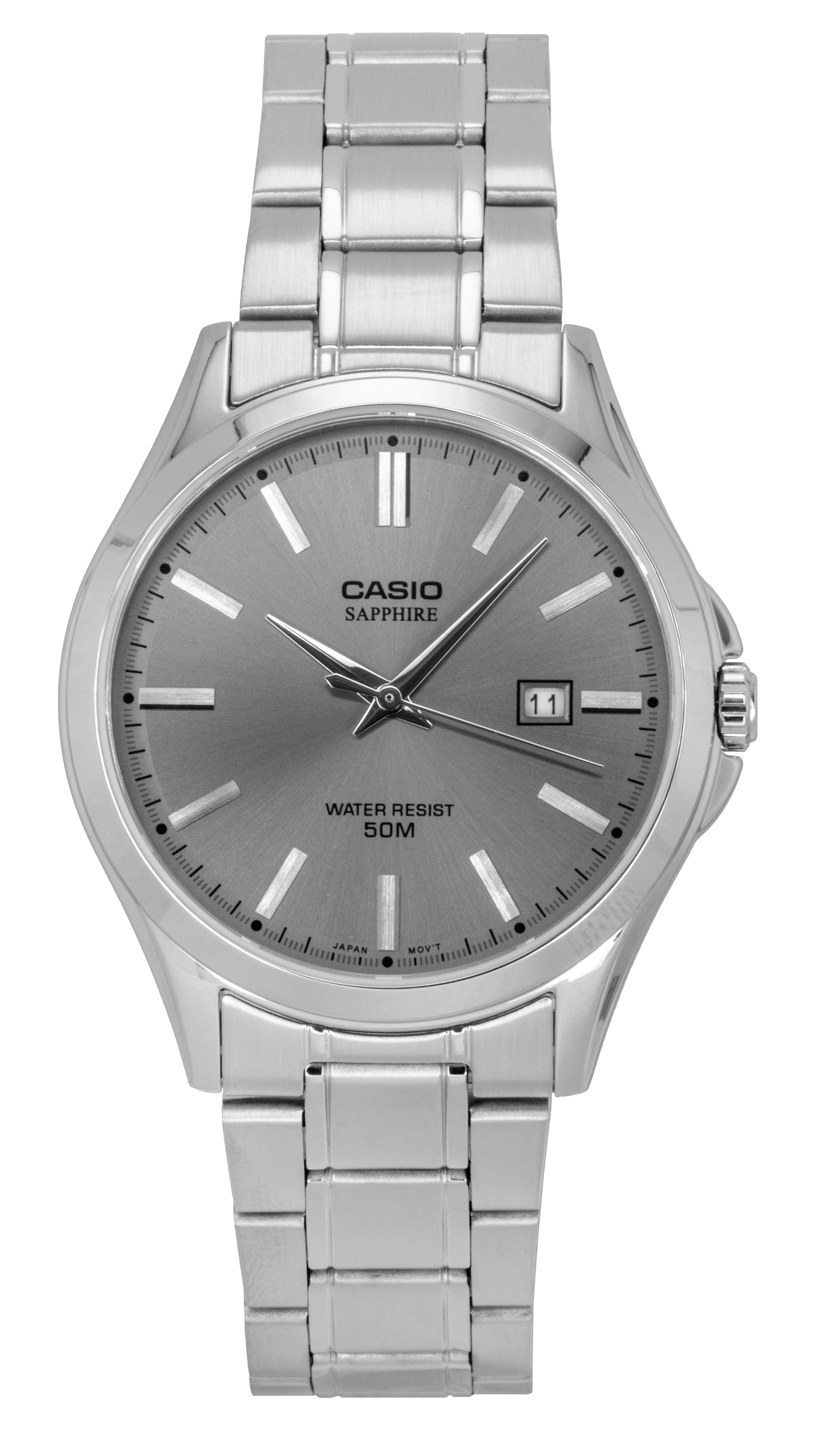 Casio Standard Analog Stainless Steel Grey Dial Quartz. A brand-new Casio Standard watch featuring a Grey dial and a Stainless steel strap. Front view.