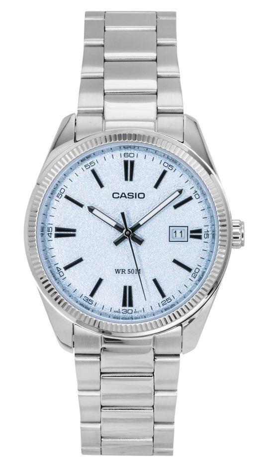 Casio Standard Analog Stainless Steel Light Blue Dial Quartz. A brand-new Casio Standard watch featuring a Blue dial and a Stainless steel strap. Angled view.