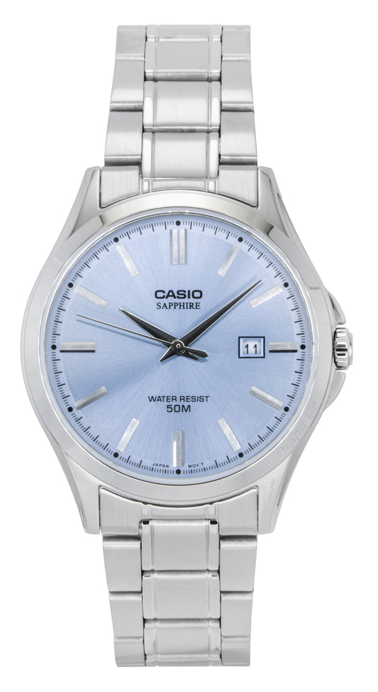 Casio Standard Analog Stainless Steel Light Blue Dial Quartz. A brand-new Casio Standard watch featuring a Blue dial and a Stainless steel strap. Angled view.