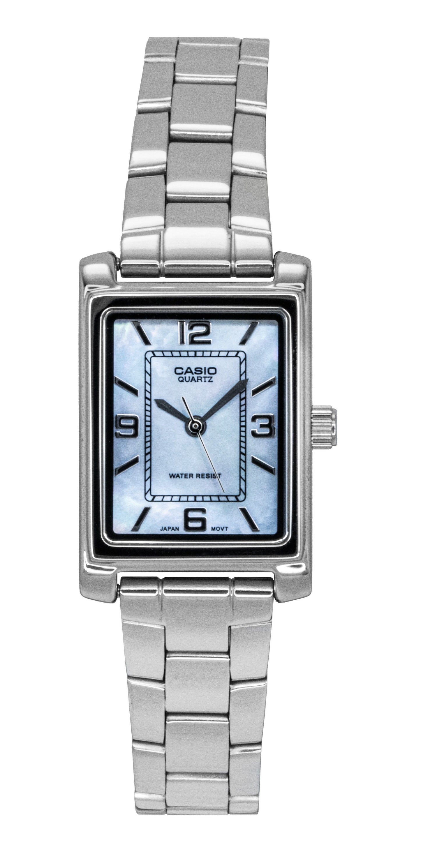 Casio Standard Analog Stainless Steel Mother Of Pearl Dial. A brand-new Casio Standard watch featuring a Mother Of Pearl dial and a Stainless steel strap. Front view.