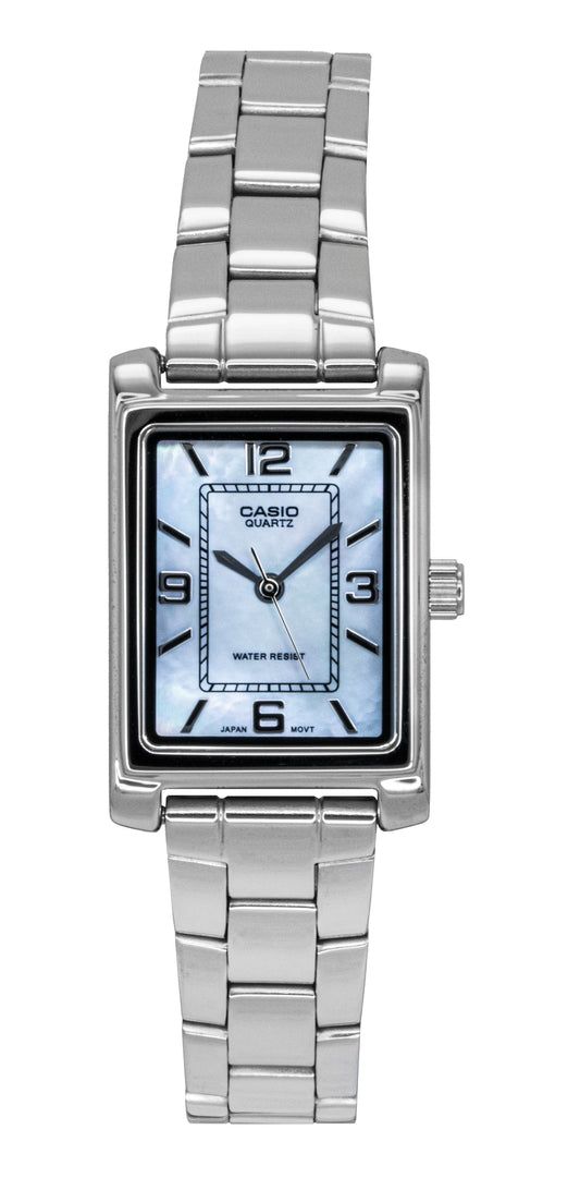 Casio Standard Analog Stainless Steel Mother Of Pearl Dial. A brand-new Casio Standard watch featuring a Mother Of Pearl dial and a Stainless steel strap. Front view.