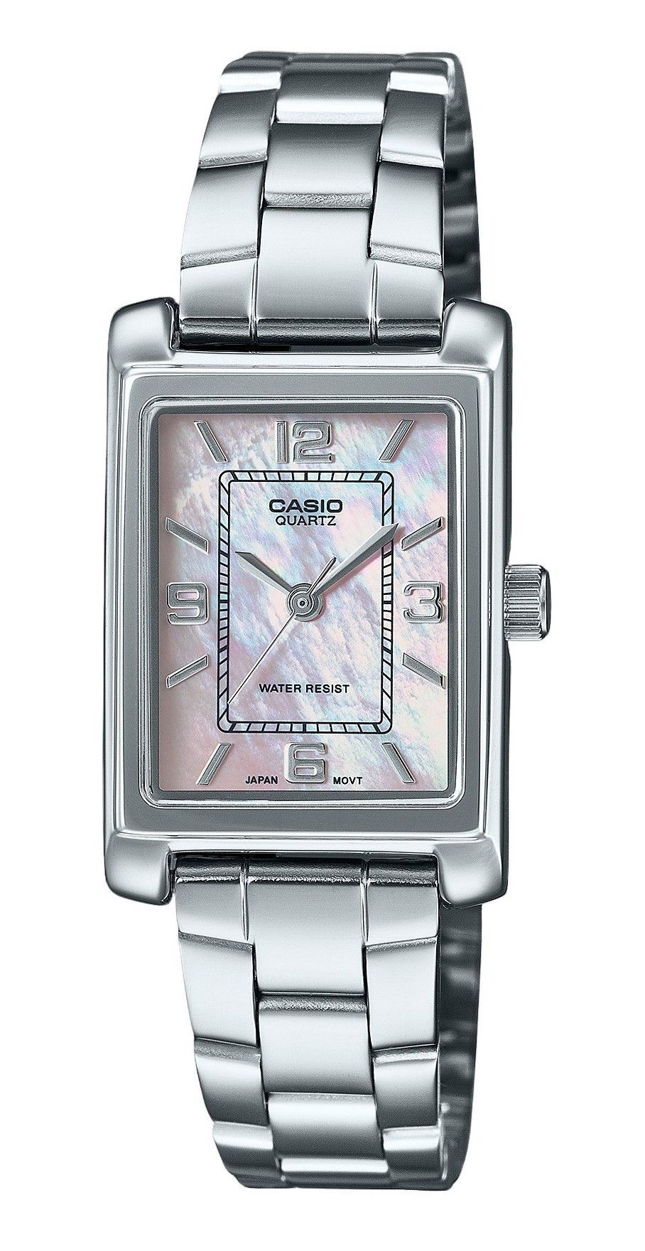 Casio Standard Analog Stainless Steel Mother Of Pearl Dial. A brand-new Casio Standard watch featuring a Mother Of Pearl dial and a Stainless steel strap. Side view.