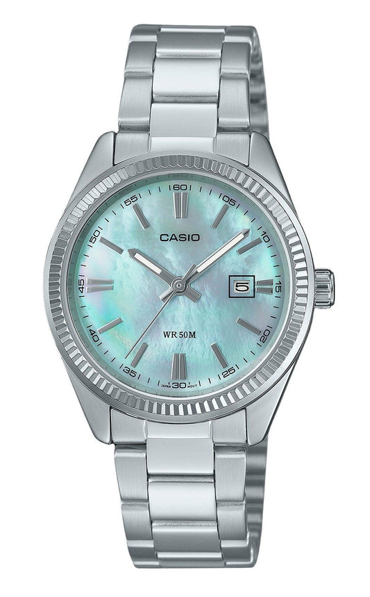 Casio Standard Analog Stainless Steel Mother Of Pearl Dial. A brand-new Casio Standard watch featuring a Mother Of Pearl dial and a Stainless steel strap. Front view.