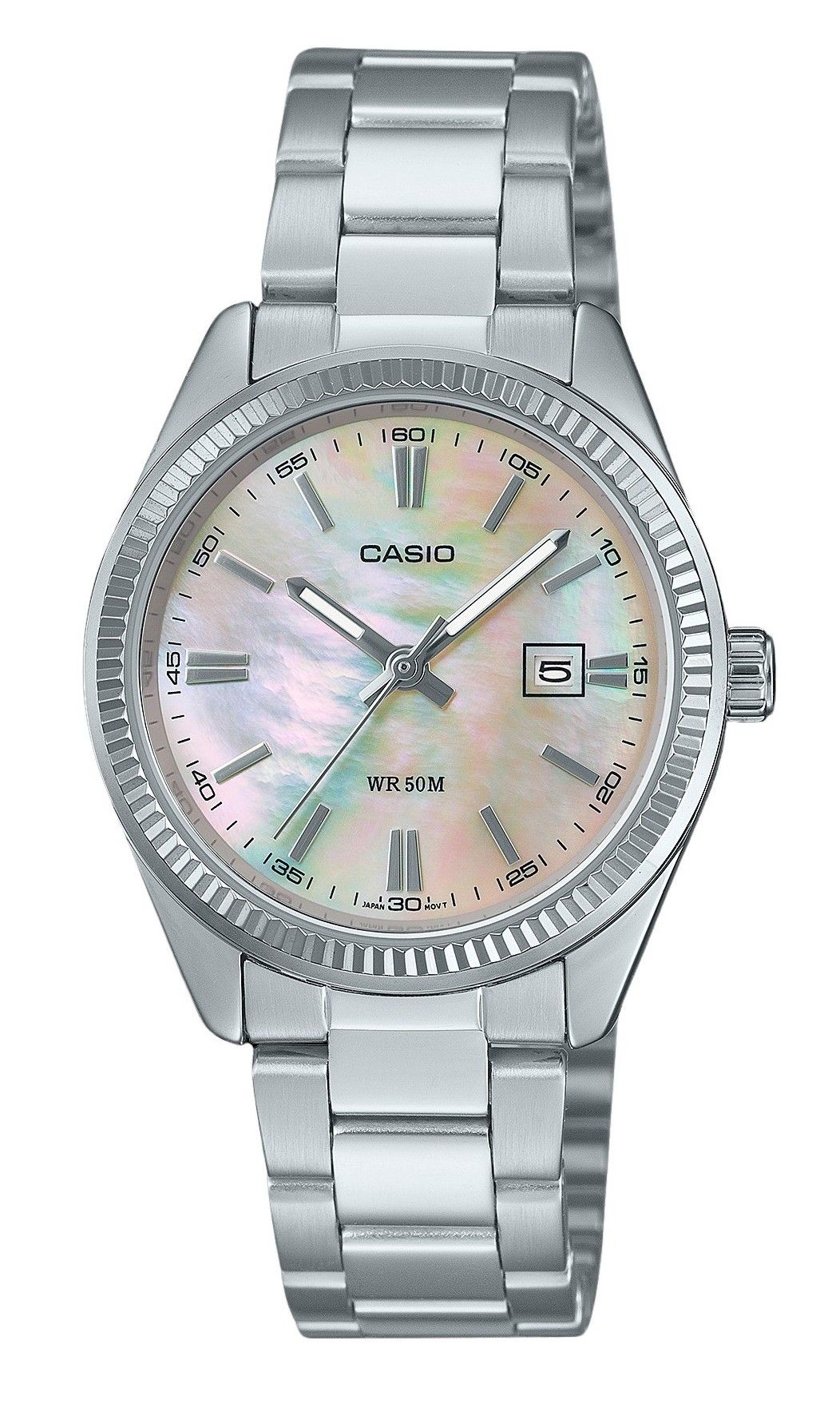 Casio Standard Analog Stainless Steel Mother Of Pearl Dial. A brand-new Casio Standard watch featuring a Mother Of Pearl dial and a Stainless steel strap. Front view.