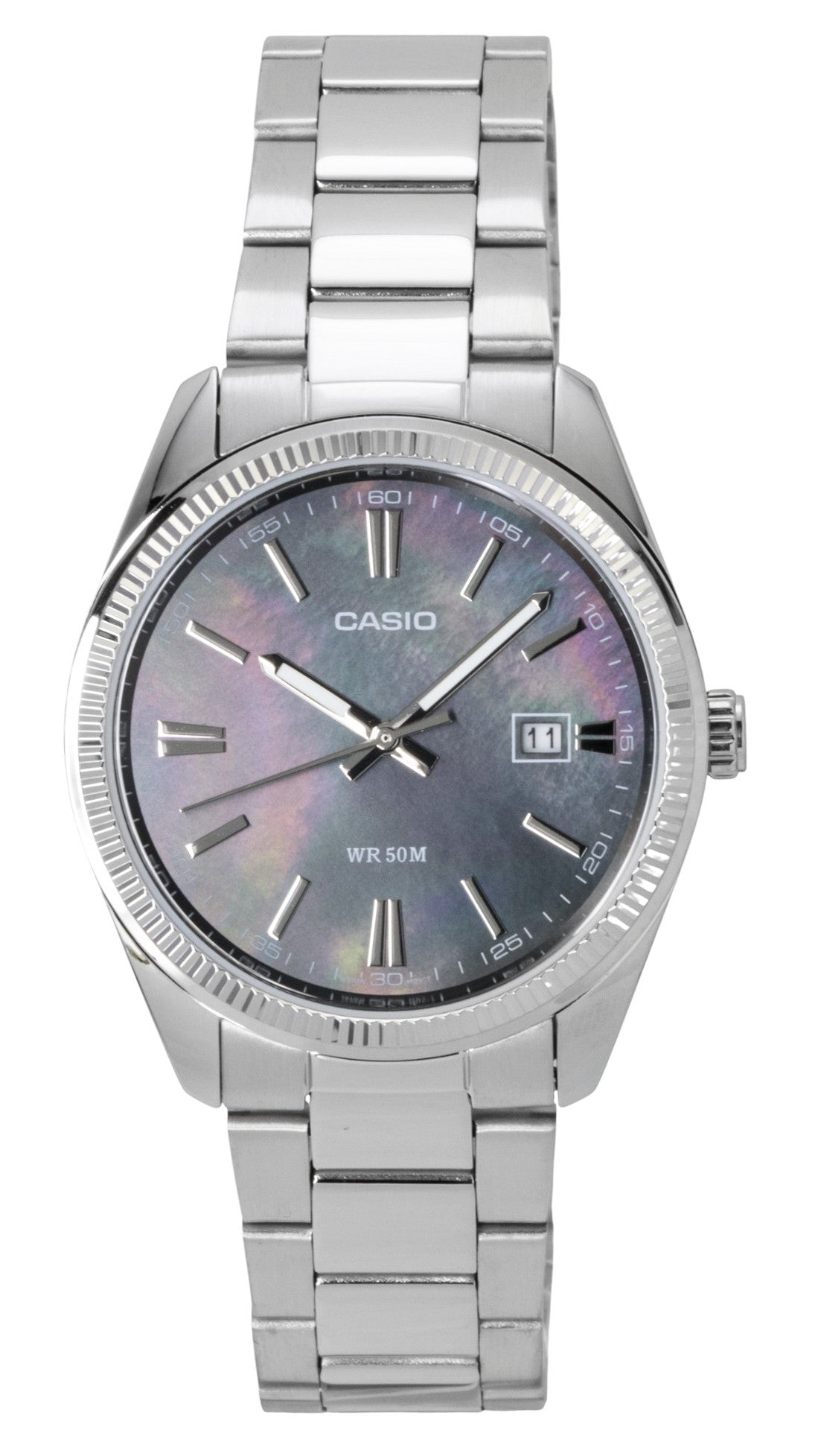 Casio Standard Analog Stainless Steel Mother Of Pearl Quartz. A brand-new Casio Standard watch featuring a Stainless steel strap. Side view.
