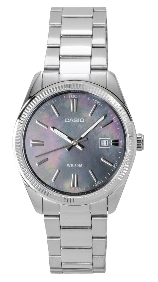 Casio Standard Analog Stainless Steel Mother Of Pearl Quartz. A brand-new Casio Standard watch featuring a Stainless steel strap. Side view.