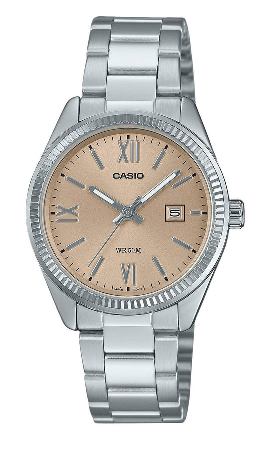 Casio Standard Analog Stainless Steel Peach Dial Quartz Wo. A brand-new Casio Standard watch featuring a Stainless steel strap. Front view.