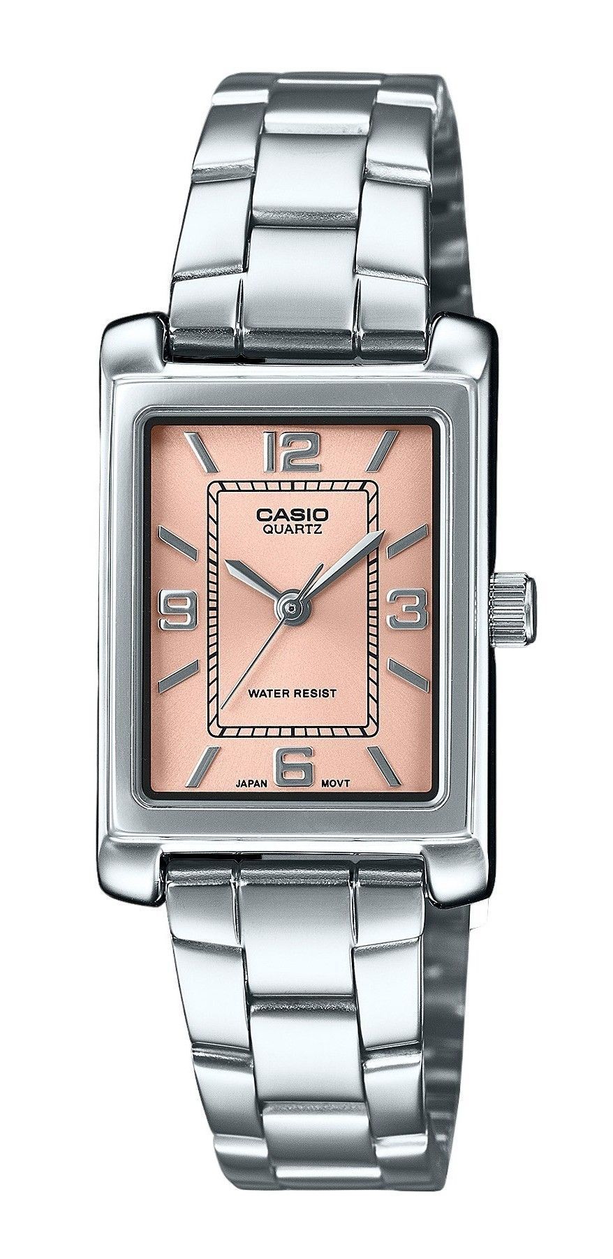 Casio Standard Analog Stainless Steel Pink Dial Quartz Wo. A brand-new Casio Standard watch featuring a Pink dial and a Stainless steel strap. Side view.