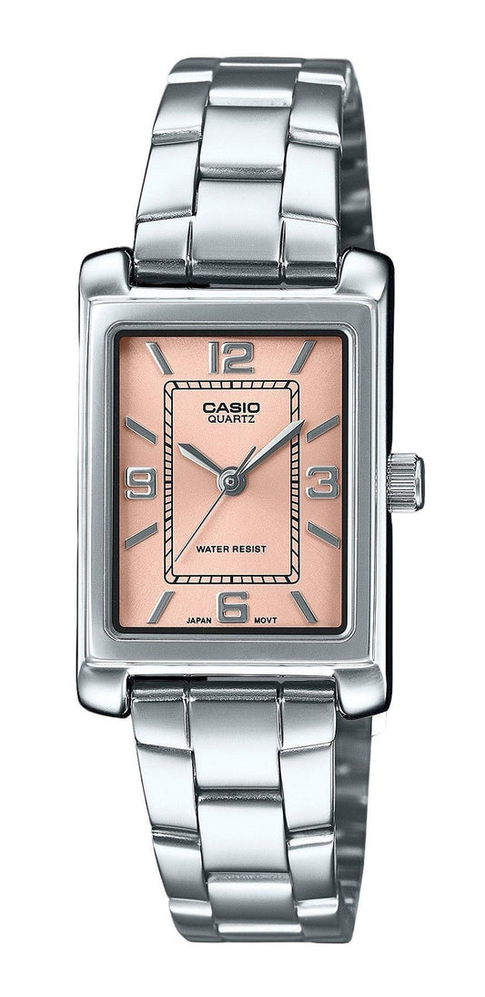 Casio Standard Analog Stainless Steel Pink Dial Quartz Wo. A brand-new Casio Standard watch featuring a Pink dial and a Stainless steel strap. Side view.