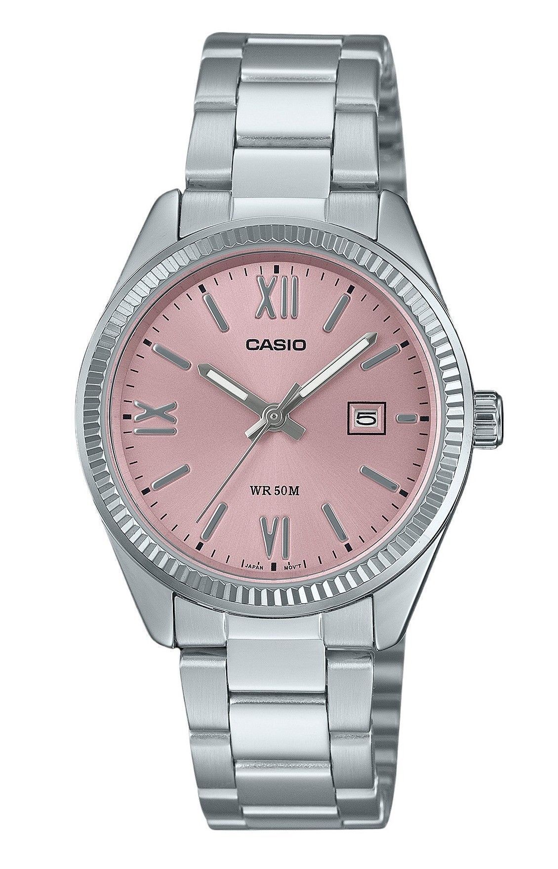 Casio Standard Analog Stainless Steel Pink Dial Quartz Wo. A brand-new Casio Standard watch featuring a Pink dial and a Stainless steel strap. Front view.