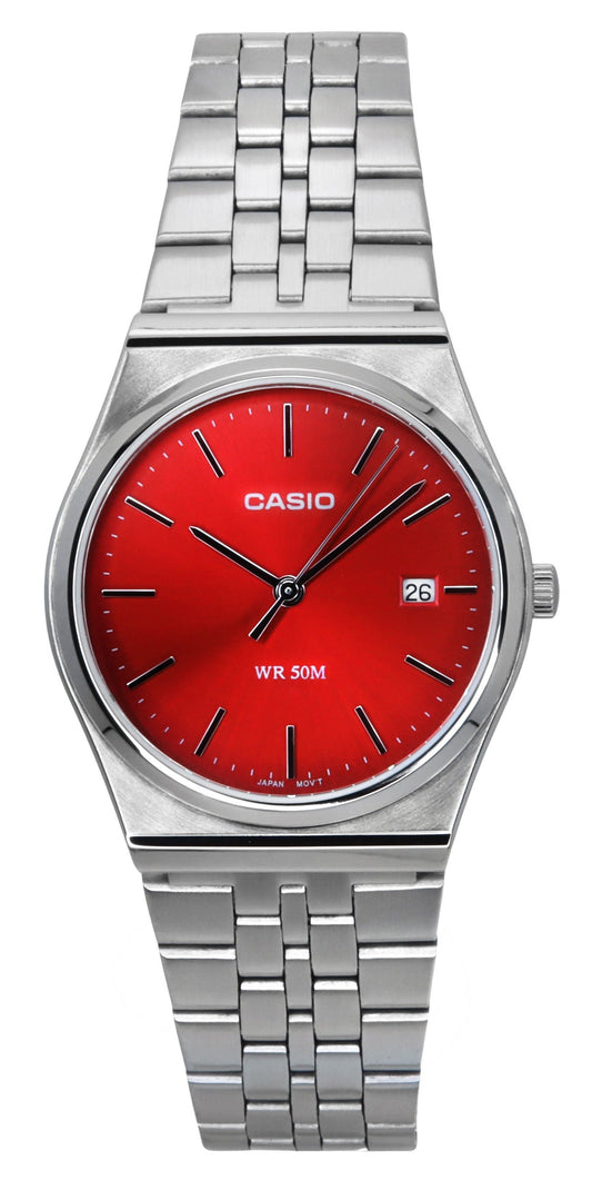 Casio Standard Analog Stainless Steel Red Dial Quartz. A brand-new Casio Standard watch featuring a Red dial and a Stainless steel strap. Side view.