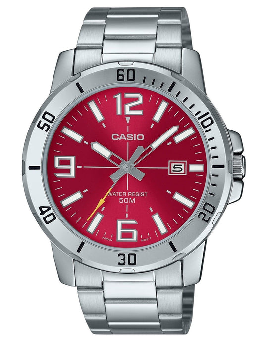 Casio Standard Analog Stainless Steel Red Dial Quartz. A brand-new Casio Standard watch featuring a Red dial and a Stainless steel strap. Side view.