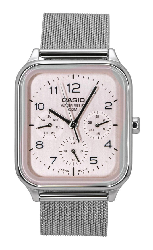 Casio Standard Analog Stainless Steel Salmon Dial Quartz. A brand-new Casio Standard watch featuring a Salmon dial and a Stainless steel strap. Front view.