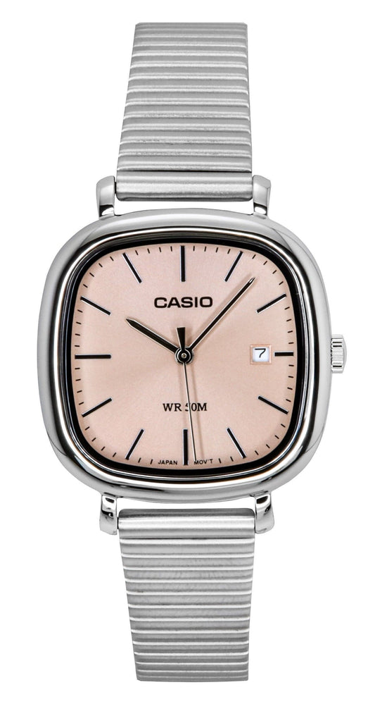 Casio Standard Analog Stainless Steel Salmon Dial Quartz Wo. A brand-new Casio Standard watch featuring a Salmon dial and a Stainless steel strap. Front view.
